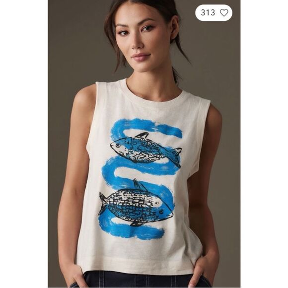 Anthropologie Tops - NEW Anthropologie Animal Theory Blue Snake Fish Boxy Graphic Tank Top Medium